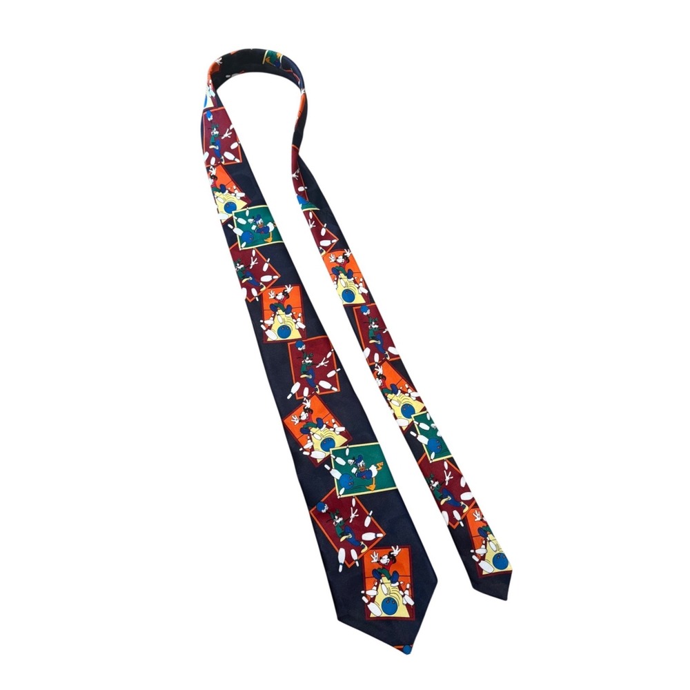Mickey Unlimited Disney Mens Bowling Tie Goofy Mickey Mouse Navy Blue Vintage